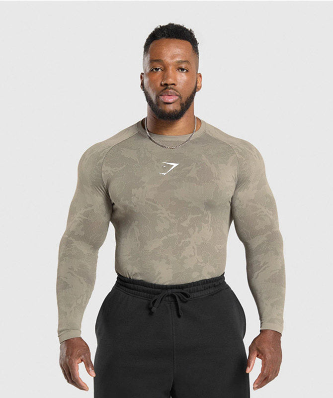Khaki Camo Gymshark Camo Long-Sleeve Top - supplier CX-12
