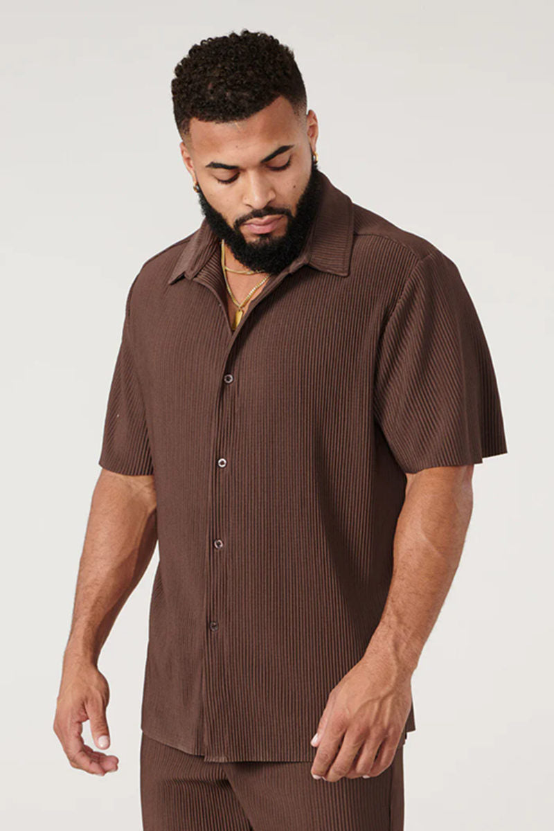Brown Short-Sleeve Button-Up Shirt - supplier TX-09