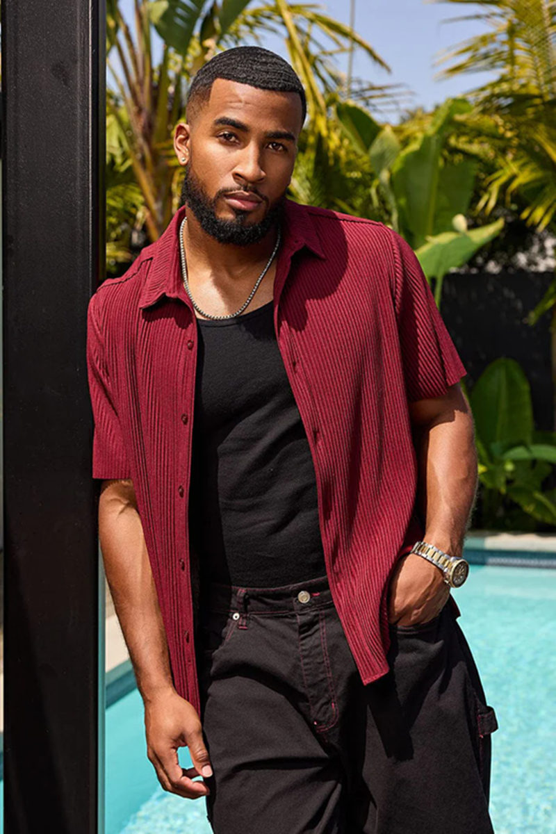 Burgundy Short-Sleeve Button-Up Shirt - supplier TX-09
